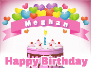 Happy Birthday Meghan GIF: Happy birthday animated gif with animated doodles, pink text, and with a name you can customize.