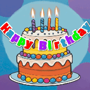 Happy Birthday Melinda GIF: Festive birthday cake GIF with name, stars, hearts, and confetti streaking past and flickering candles.