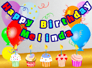 Happy Birthday Melinda GIF: Animated happy birthday gif with a party balloon background, a row of cupcakes, and birthday banner to customize.