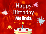 Happy Birthday Melinda GIF: A bright red happy birthday gif animated with a cake candle, and glitter and sparkles. Customize with name.
