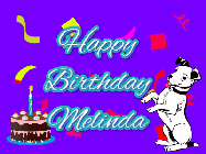 Happy Birthday Melinda GIF: Silly happy birthday gif with a cute dog in a corner and rainbow animation confetti. Birthday cake in order with candle.