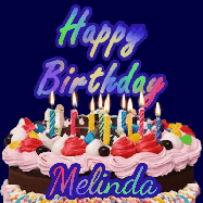 Happy Birthday Melinda GIF: A dark blue birthday gif with a beautiful cake with flickering candles, background sparkles and a name to customize.