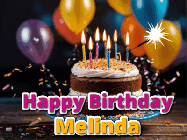 Happy Birthday Melinda GIF: A birthday cake with flickering candles gif with text reading Happy Birthday and a Name slot to customize