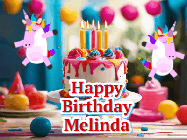 Happy Birthday Melinda GIF: Animated Happy Birthday GIF with a beautiful birthday cake being lit up by two unicorns. There are 3 lines of text to customize.