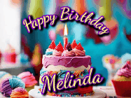 Happy Birthday Melinda GIF: A colorful animated birthday gif of a cake and falling stars with a flickering candle. Text reads Happy Birthday and Customize.