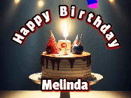 Happy Birthday Melinda GIF: Animated happy birthday gif with a cake and flickering candles with colorful falling confetti and text reading Happy Birthday