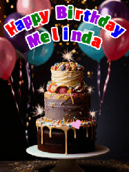 Happy Birthday Melinda GIF: Beautiful birthday cake animated gif, a celebration of balloons, confetti, and sparklers. Customize banner and name.