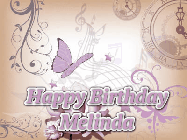 Happy Birthday Melinda GIF: Classical birthday gif background with colorful musical notes floating past and a name you can customize, reads Happy Birthday.