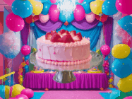 Happy Birthday Melinda GIF: Animated birthday gif with a slide show of cakes in front of a party room. Text read Happy Birthday Name and you can customize it.