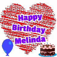 Happy Birthday Melinda GIF: Animated birthday gif with a big scribbled animated heart with a balloon, birthday cake, and text to customize.