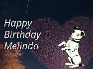 Happy Birthday Melinda GIF: Happy Birthday GIF at night with a cute drawn dog, floating balloons, and a shooting star in front of a heart shaped star formation.