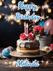 Happy Birthday Melinda GIF: Sparkles and glitter happy birthday gif with a cake and flickering candles and sparklers behind the words happy birthday customize
