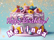 Happy Birthday Melinda GIF: A beautiful birthday cake gif with animated sparkles and glitter Happy Birthday Name you can customize
