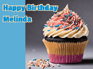 Happy Birthday Melinda GIF: Sparkles fly past in this animated birthday gif showing a cupcake and up to 4 lines of birthday gretting to customize.