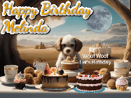 Happy Birthday Melinda GIF: Animated birthday gif with a dog at a fancy birthday table loaded with cakes as hearts appear. It reads Happy Birthday Customize.