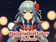 Happy Birthday Melinda GIF: Anime girl holding a birthday cake and an animated sword falls into it. Text reads Happy Birthday Customize