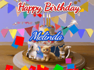 Happy Birthday Melinda GIF: Happy Birthday Cake GIF with a cat, lamb, and squirrel on the cake with flickering candles, a sparkler, and falling confetti. Reads Happy Birthday Name and you can customize the name
