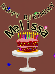 Happy Birthday Melissa GIF: Animated birthday gif of a chocolate cartoon cake and stars. Animated text can be customized with name.