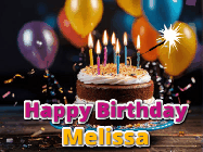 Happy Birthday Melissa GIF: A birthday cake with flickering candles gif with text reading Happy Birthday and a Name slot to customize