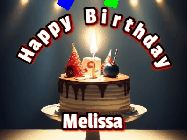 Happy Birthday Melissa GIF: Animated happy birthday gif with a cake and flickering candles with colorful falling confetti and text reading Happy Birthday