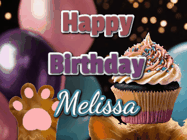 Happy Birthday Melissa GIF: Cute Kitten Birthday Cupcake GIF with a cupcake raised by a cats head, then it pulls down text reading Happy Birthday Name