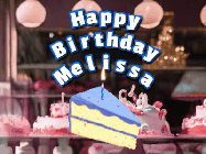Happy Birthday Melissa GIF: A cake shop background with a slice of cake and animated candle reading Happy Birthday Customize.