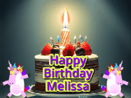 Happy Birthday Melissa GIF: An animated gif with 2 unicorns and a birthday candle on a cake.