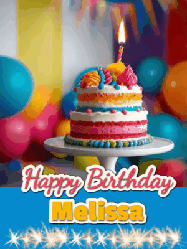 Happy Birthday Melissa GIF: A birthday card gif with a cake and candle and a blue ribbon with animated sparklers. Reads Happy Birthday Name