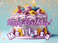 Happy Birthday Melissa GIF: A beautiful birthday cake gif with animated sparkles and glitter Happy Birthday Name you can customize