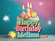 Happy Birthday Melissa GIF: A colorful animated Happy Birthday Cake GIF with swirling sparkles and flickering candles. It reads Happy Birthday Name
