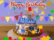 Happy Birthday Melissa GIF: Happy Birthday Cake GIF with a cat, lamb, and squirrel on the cake with flickering candles, a sparkler, and falling confetti. Reads Happy Birthday Name and you can customize the name