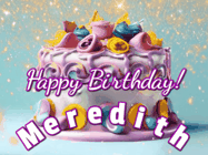 Happy Birthday Meredith GIF: A beautiful birthday cake gif with animated sparkles and glitter Happy Birthday Name you can customize