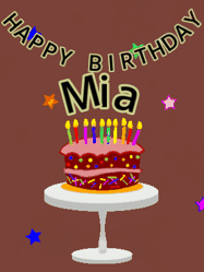 Happy Birthday Mia GIF: Animated birthday gif of a chocolate cartoon cake and stars. Animated text can be customized with name.