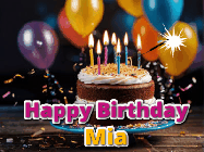 Happy Birthday Mia GIF: A birthday cake with flickering candles gif with text reading Happy Birthday and a Name slot to customize