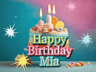 Happy Birthday Mia GIF: A colorful animated Happy Birthday Cake GIF with swirling sparkles and flickering candles. It reads Happy Birthday Name