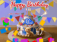 Happy Birthday Mia GIF: Happy Birthday Cake GIF with a cat, lamb, and squirrel on the cake with flickering candles, a sparkler, and falling confetti. Reads Happy Birthday Name and you can customize the name