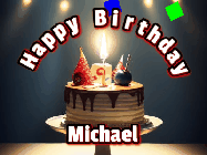 Happy Birthday Michael GIF: Animated happy birthday gif with a cake and flickering candles with colorful falling confetti and text reading Happy Birthday
