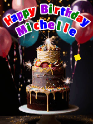 Happy Birthday Michelle GIF: Beautiful birthday cake animated gif, a celebration of balloons, confetti, and sparklers. Customize banner and name.
