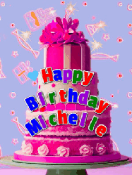 Happy Birthday Michelle GIF: A big beautiful birthday cake gif with falling confetti, sparklers, and balloons, reads Happy Birthday Name. Customize it.
