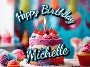 Happy Birthday Michelle GIF: Animated Happy Birthday Gif reading Happy Birthday Customize. Depicts a colorful birthday with flickering candles and glitter.