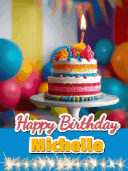 Happy Birthday Michelle GIF: A birthday card gif with a cake and candle and a blue ribbon with animated sparklers. Reads Happy Birthday Name