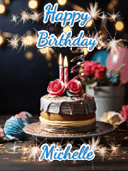 Happy Birthday Michelle GIF: Sparkles and glitter happy birthday gif with a cake and flickering candles and sparklers behind the words happy birthday customize