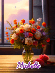 Happy Birthday Michelle GIF: A vase of flowers and animated hearts pop in and out as the words Happy Birthday Name appears that you can customize