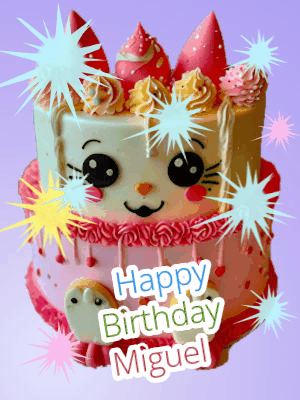 Animated Happy Birthday Miguel GIF with colorful decorations and joyful animation