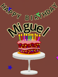 Happy Birthday Miguel GIF: Animated birthday gif of a chocolate cartoon cake and stars. Animated text can be customized with name.
