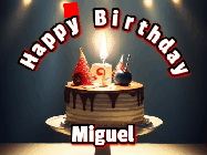 Happy Birthday Miguel GIF: Animated happy birthday gif with a cake and flickering candles with colorful falling confetti and text reading Happy Birthday