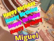 Happy Birthday Miguel GIF: Happy birthday animated gif with name to customize depicting 3 star fireworks over a birthday table background.