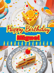 Happy Birthday Miguel GIF: Happy Birthday GIF showing a birthday cake place setting with a row of candles under a 2 line banner to customize.