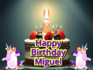 Happy Birthday Miguel GIF: An animated gif with 2 unicorns and a birthday candle on a cake.