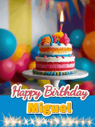 Happy Birthday Miguel GIF: A birthday card gif with a cake and candle and a blue ribbon with animated sparklers. Reads Happy Birthday Name